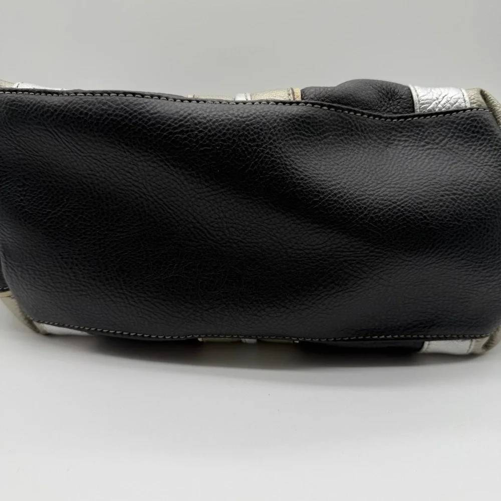 Tignanello Vintage Pebbled Leather Hobo Bag Purse Black Metallic Stripes Y2K